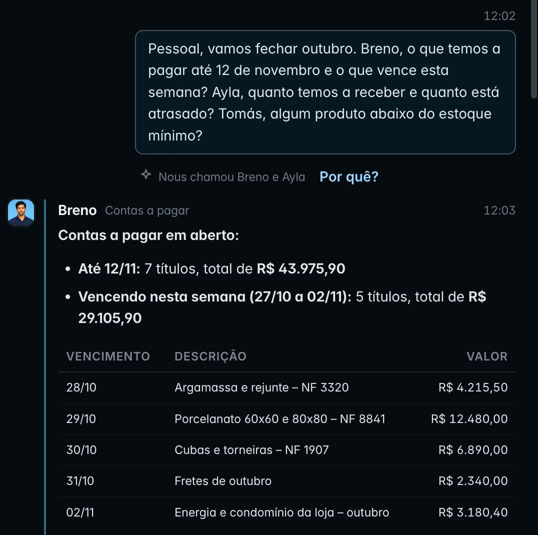 Sala de conversa do Nous: Breno, o colega de contas a pagar, responde com o total a pagar e a lista do que vence nesta semana, com valores em reais.